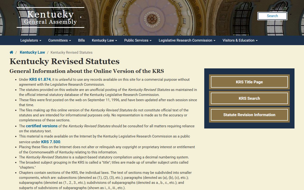 Kentucky General Assembly statutes page for checking KRS citations listed in docket entries