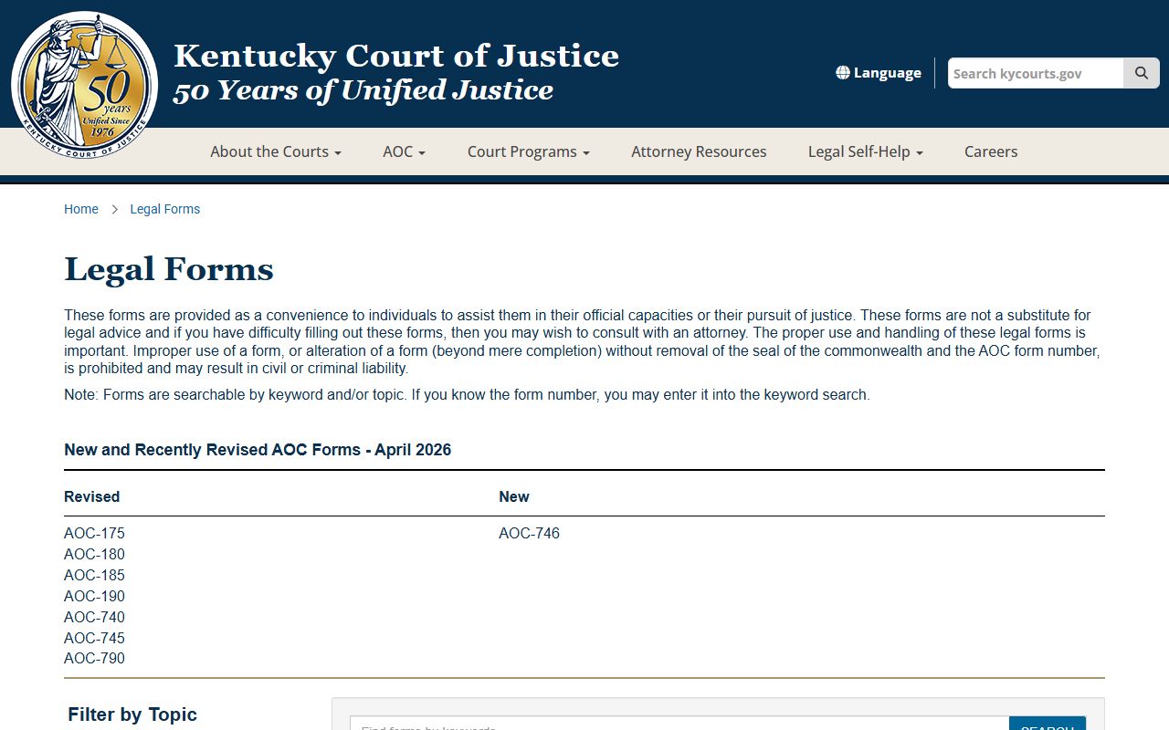 Kentucky Court of Justice legal forms page used with court case and docket work