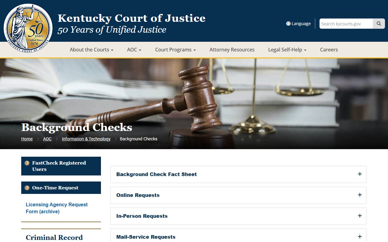 Kentucky Court of Justice background checks page for official criminal record reports