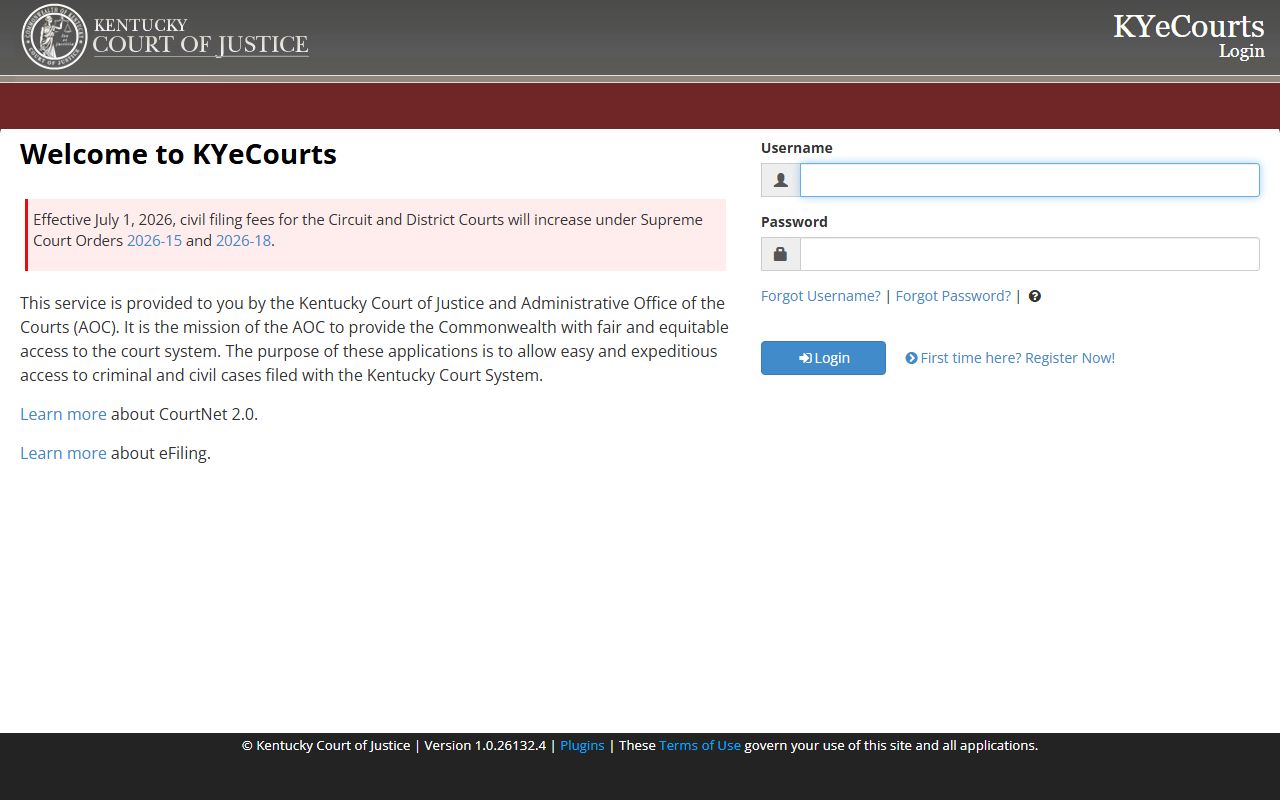 KYeCourts registered user login for Kentucky criminal and civil court case access
