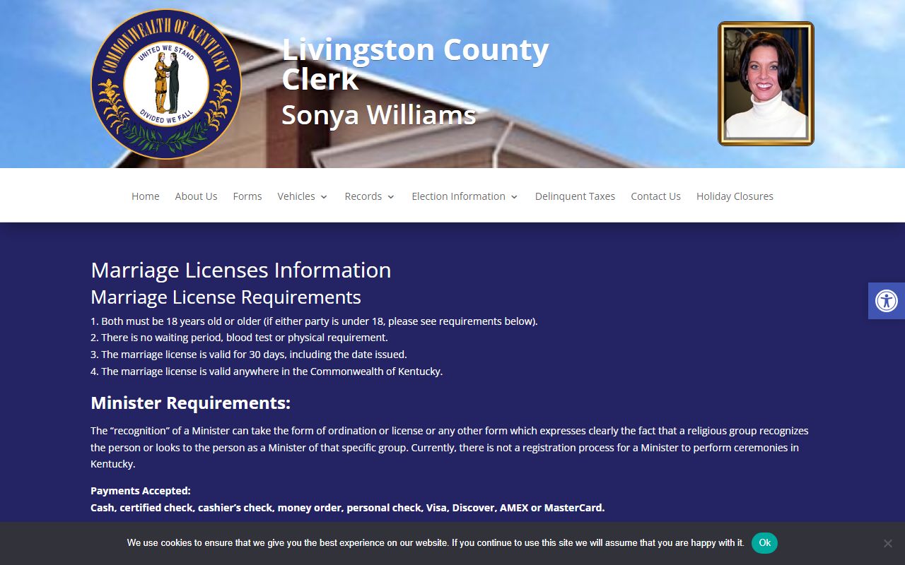 Livingston County Clerk marriage licenses page for marriage requirements and copy fees