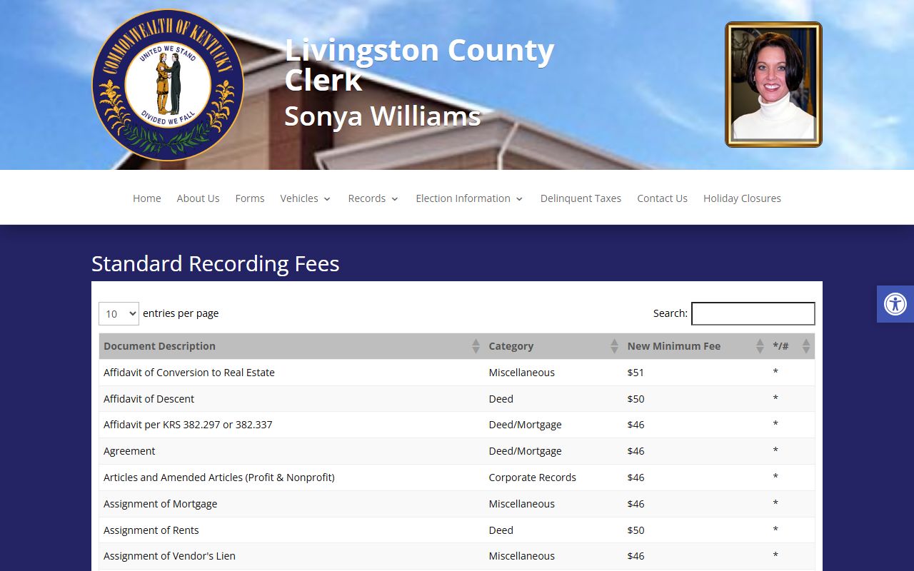 Livingston County Clerk recording fees page for estate and guardianship instruments