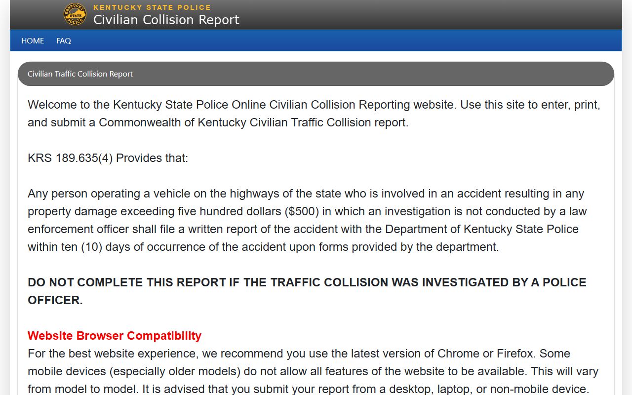 Kentucky State Police civilian collision reporting portal